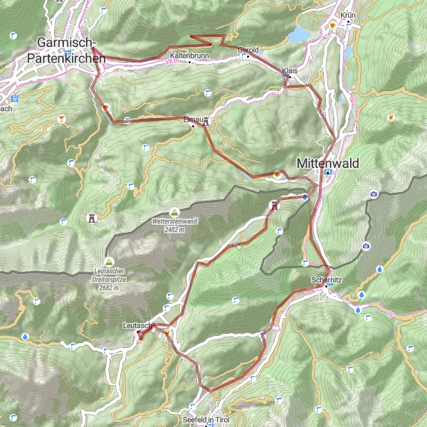Miniatuurkaart van de fietsinspiratie "Gravel Avontuur rond Leutasch" in Tirol, Austria. Gemaakt door de Tarmacs.app fietsrouteplanner