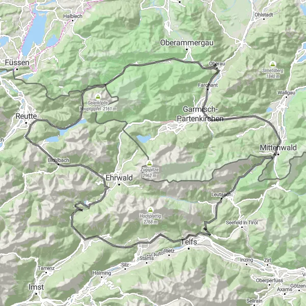 Miniatua del mapa de inspiración ciclista "Ruta de ciclismo de carretera Leutasch - Ahrn" en Tirol, Austria. Generado por Tarmacs.app planificador de rutas ciclistas