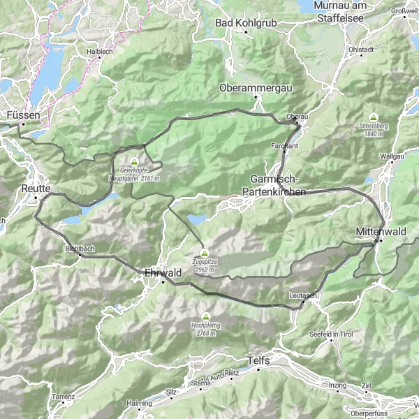 Miniatuurkaart van de fietsinspiratie "Leutasch-Grainau-Mittenwald-Ahrn" in Tirol, Austria. Gemaakt door de Tarmacs.app fietsrouteplanner