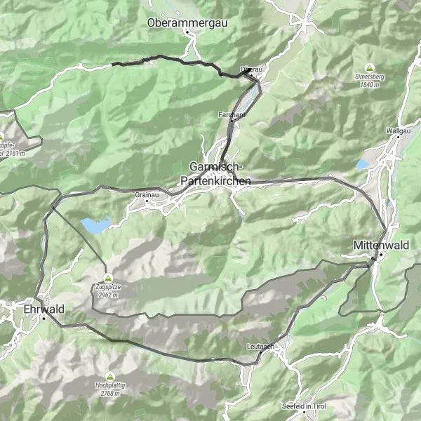Kartminiatyr av "Alpvägar i Leutasch" cykelinspiration i Tirol, Austria. Genererad av Tarmacs.app cykelruttplanerare