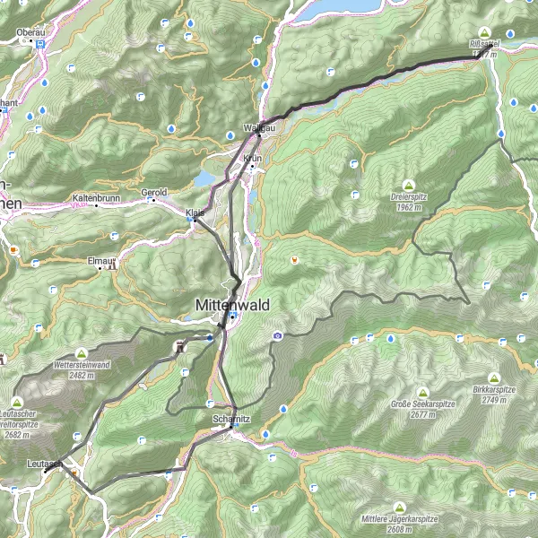 Miniatura della mappa di ispirazione al ciclismo "Percorso ciclabile panoramico fino a Mittenwald" nella regione di Tirol, Austria. Generata da Tarmacs.app, pianificatore di rotte ciclistiche