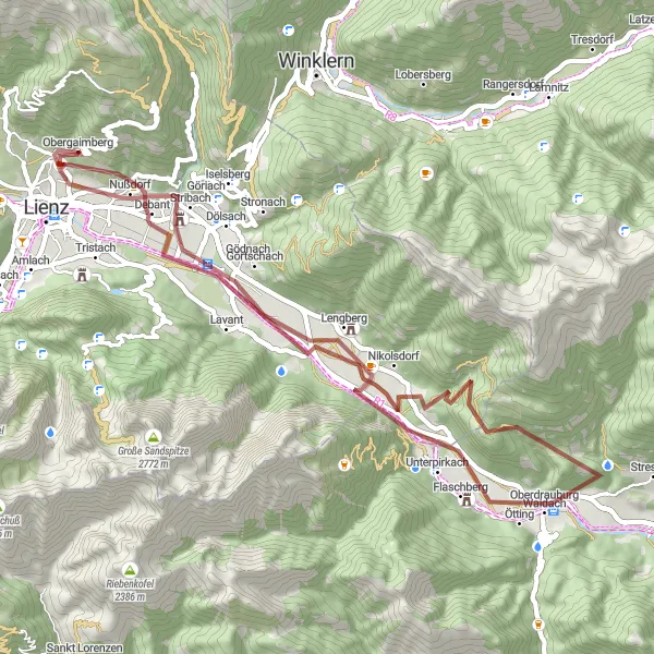 Mapa miniatúra "Gravelová cyklotrasa okolo Lienzu" cyklistická inšpirácia v Tirol, Austria. Vygenerované cyklistickým plánovačom trás Tarmacs.app