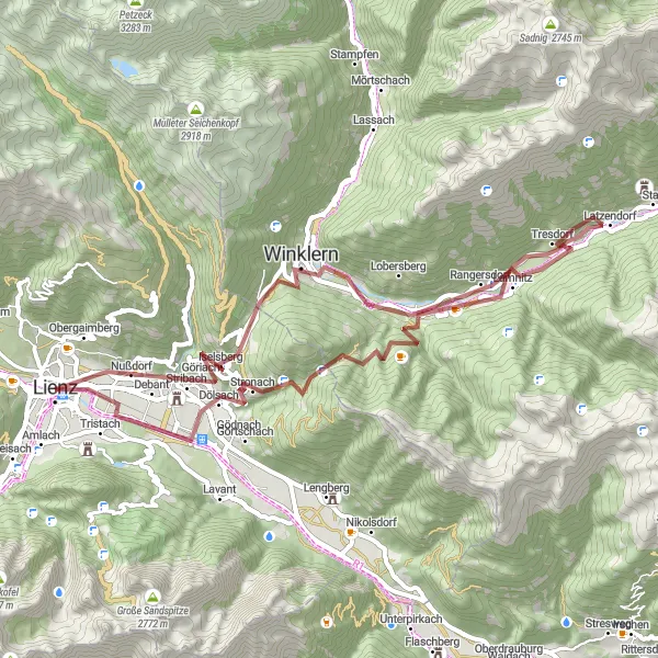 Miniature de la carte de l'inspiration cycliste "Itinéraire gravel 'Lienz - Eggenberg - Rangersdorf - Aguntum - Aussichtsplattform Aguntum'" dans la Tirol, Austria. Générée par le planificateur d'itinéraire cycliste Tarmacs.app