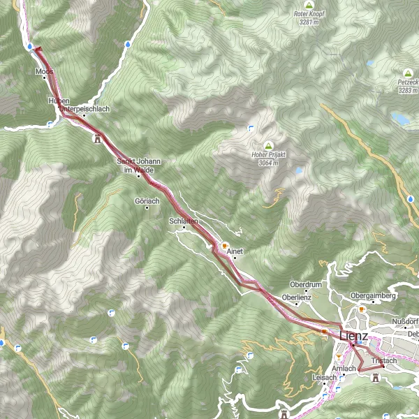 Karttaminiaatyyri "Sorapolkuja ja historiaa Lienzin lähistöllä" pyöräilyinspiraatiosta alueella Tirol, Austria. Luotu Tarmacs.app pyöräilyreittisuunnittelijalla
