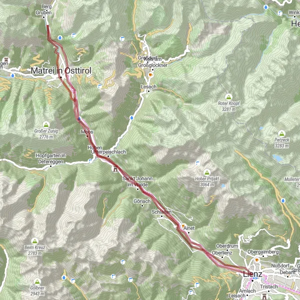 Karttaminiaatyyri "Gravel-seikkailu Lienzin ympäristössä" pyöräilyinspiraatiosta alueella Tirol, Austria. Luotu Tarmacs.app pyöräilyreittisuunnittelijalla