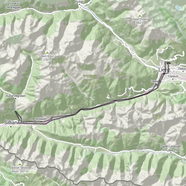 Map miniature of "Road Cycling Adventure in Lienz" cycling inspiration in Tirol, Austria. Generated by Tarmacs.app cycling route planner