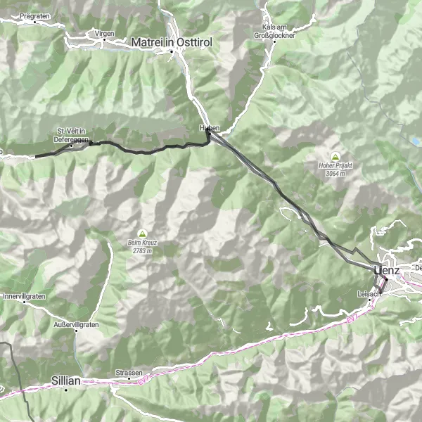 Mapa miniatúra "Road Bergfried - Oberlienz" cyklistická inšpirácia v Tirol, Austria. Vygenerované cyklistickým plánovačom trás Tarmacs.app