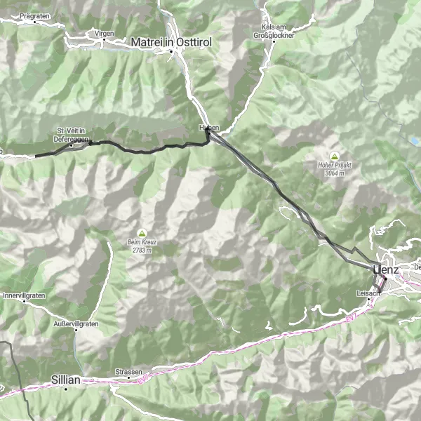 Miniatuurkaart van de fietsinspiratie "Rondrit vanuit Lienz via Oberlienz" in Tirol, Austria. Gemaakt door de Tarmacs.app fietsrouteplanner