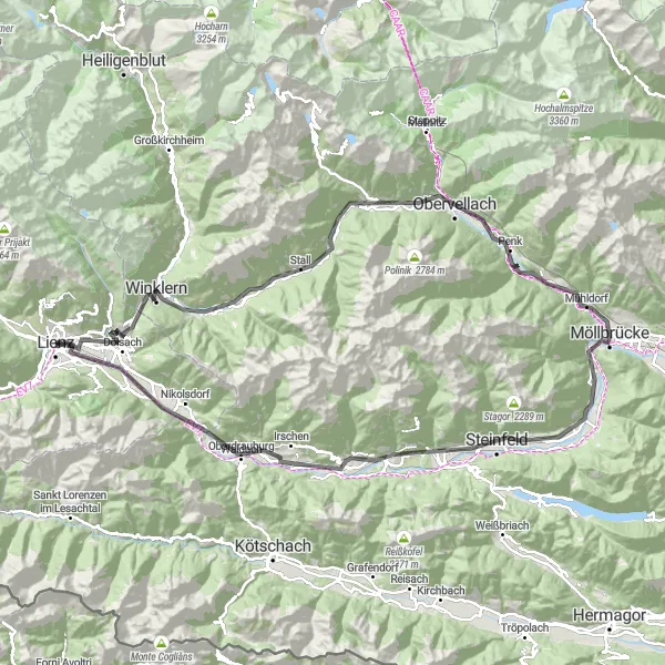 Miniature de la carte de l'inspiration cycliste "Parcours cycliste 'Lienz - Aguntum - Winklern - Oberdrauburg - Möllbrucke - Greifenburg - Rabantberg - Burg Niederfalkenstein'" dans la Tirol, Austria. Générée par le planificateur d'itinéraire cycliste Tarmacs.app