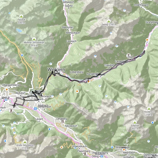 Mapa miniatúra "Historické a kultúrne poklady v okolí Lienz" cyklistická inšpirácia v Tirol, Austria. Vygenerované cyklistickým plánovačom trás Tarmacs.app