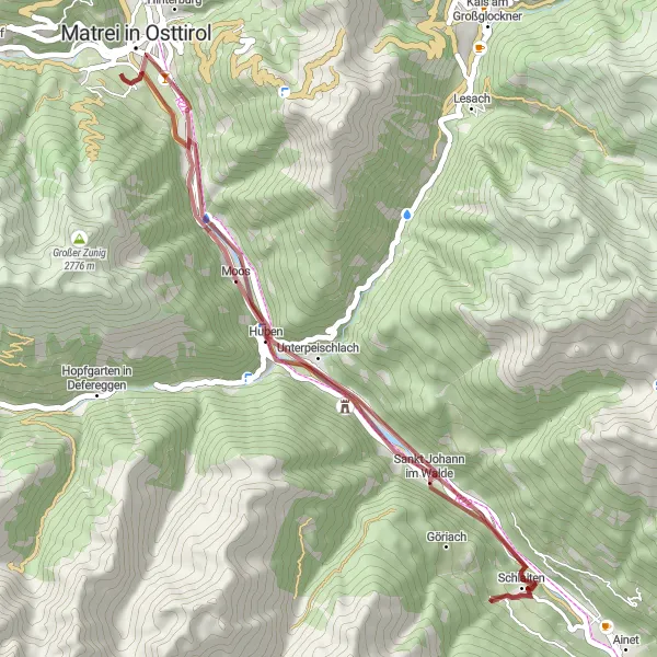 Mapa miniatúra "Gravel Route to Kienburg" cyklistická inšpirácia v Tirol, Austria. Vygenerované cyklistickým plánovačom trás Tarmacs.app