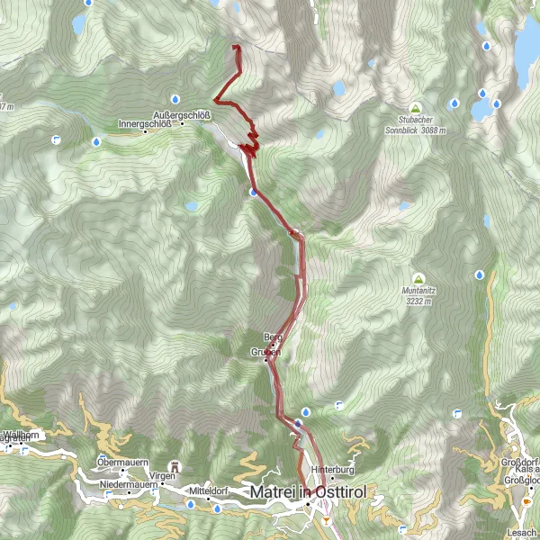 Zemljevid v pomanjšavi "Gorska avantura okoli Matreja v Osttirolu" kolesarske inspiracije v Tirol, Austria. Generirano z načrtovalcem kolesarskih poti Tarmacs.app