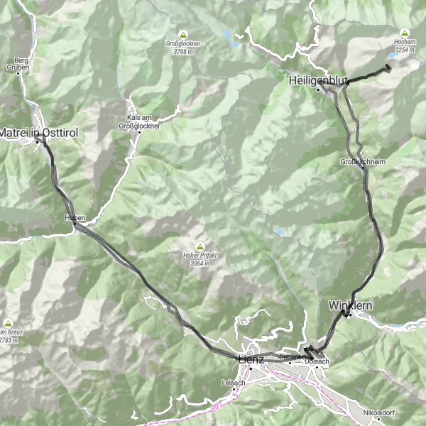 Miniature de la carte de l'inspiration cycliste "Tour des Alpes de Großkirchheim en Route" dans la Tirol, Austria. Générée par le planificateur d'itinéraire cycliste Tarmacs.app