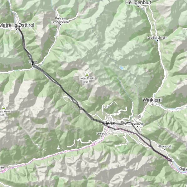 Mapa miniatúra "Lienz Loop Road Cycling Adventure" cyklistická inšpirácia v Tirol, Austria. Vygenerované cyklistickým plánovačom trás Tarmacs.app