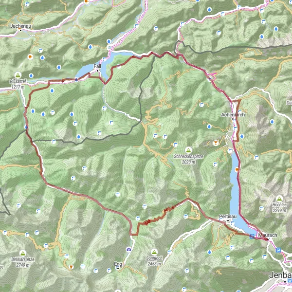 Miniature de la carte de l'inspiration cycliste "Exploration du côté ouest du lac Achensee" dans la Tirol, Austria. Générée par le planificateur d'itinéraire cycliste Tarmacs.app