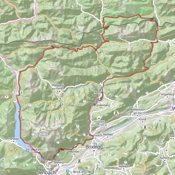 Miniaturekort af cykelinspirationen "Grusvej cykelrute rundt om Achensee-søen" i Tirol, Austria. Genereret af Tarmacs.app cykelruteplanlægger
