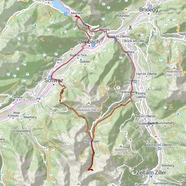 Karten-Miniaturansicht der Radinspiration "Gravel-Abenteuer durch Hochfügen" in Tirol, Austria. Erstellt vom Tarmacs.app-Routenplaner für Radtouren