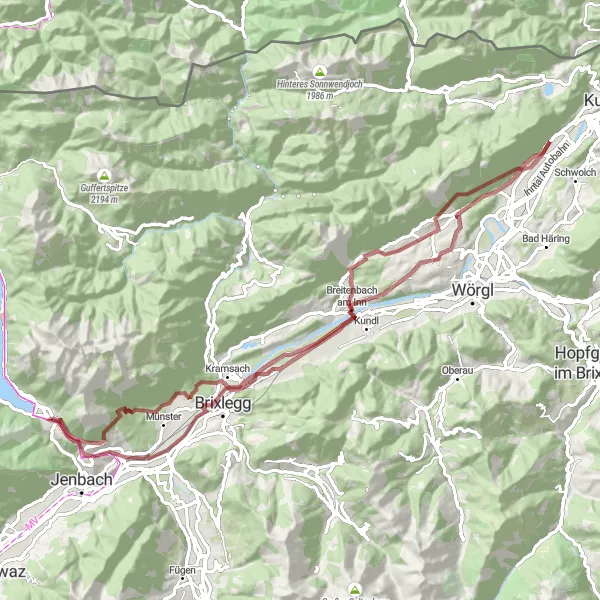 Map miniature of "The Great Gravel Challenge" cycling inspiration in Tirol, Austria. Generated by Tarmacs.app cycling route planner