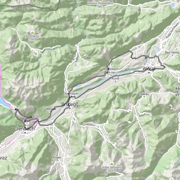 Miniature de la carte de l'inspiration cycliste "Parcours à travers les vallées et villages tyroliens" dans la Tirol, Austria. Générée par le planificateur d'itinéraire cycliste Tarmacs.app