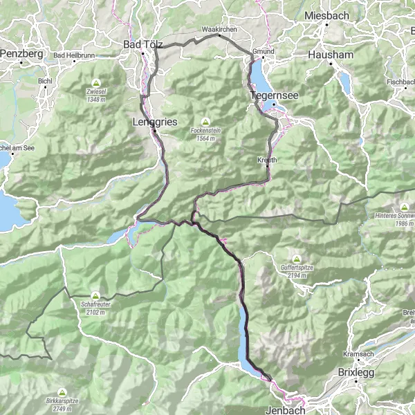 Karttaminiaatyyri "Maantiepyöräilyreitti Achenseelle" pyöräilyinspiraatiosta alueella Tirol, Austria. Luotu Tarmacs.app pyöräilyreittisuunnittelijalla