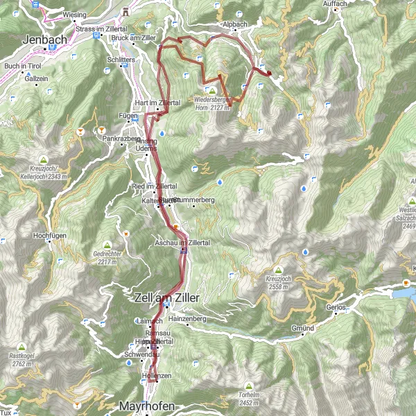 Map miniature of "Mayrhofen Loop" cycling inspiration in Tirol, Austria. Generated by Tarmacs.app cycling route planner