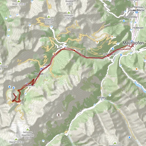 Miniatua del mapa de inspiración ciclista "Ruta Gravel Mayrhofen - Tuxer Joch" en Tirol, Austria. Generado por Tarmacs.app planificador de rutas ciclistas