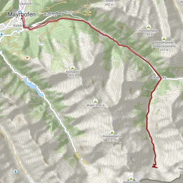 Miniature de la carte de l'inspiration cycliste "Exploration des environs de Mayrhofen" dans la Tirol, Austria. Générée par le planificateur d'itinéraire cycliste Tarmacs.app