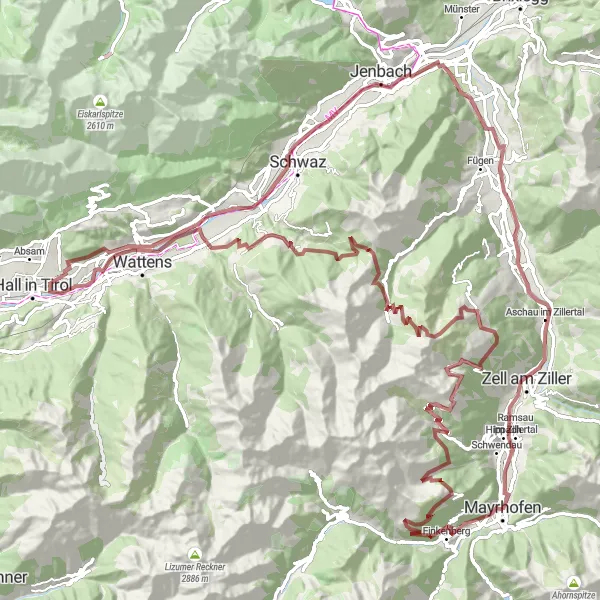 Karttaminiaatyyri "Haastava gravelreitti ympäri Mayrhofenia" pyöräilyinspiraatiosta alueella Tirol, Austria. Luotu Tarmacs.app pyöräilyreittisuunnittelijalla