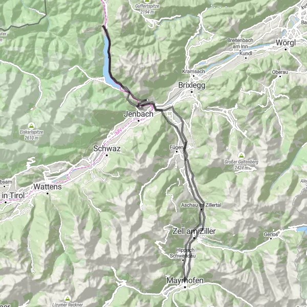 Kartminiatyr av "Rundtur fra Mayrhofen via Ramsau im Zillertal til Schwendau" sykkelinspirasjon i Tirol, Austria. Generert av Tarmacs.app sykkelrutoplanlegger