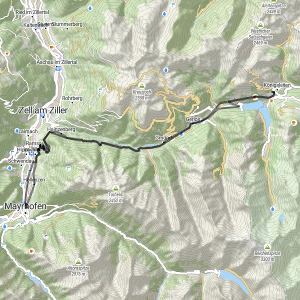 Miniatua del mapa de inspiración ciclista "Ruta Road Mayrhofen - Königsleiten" en Tirol, Austria. Generado por Tarmacs.app planificador de rutas ciclistas