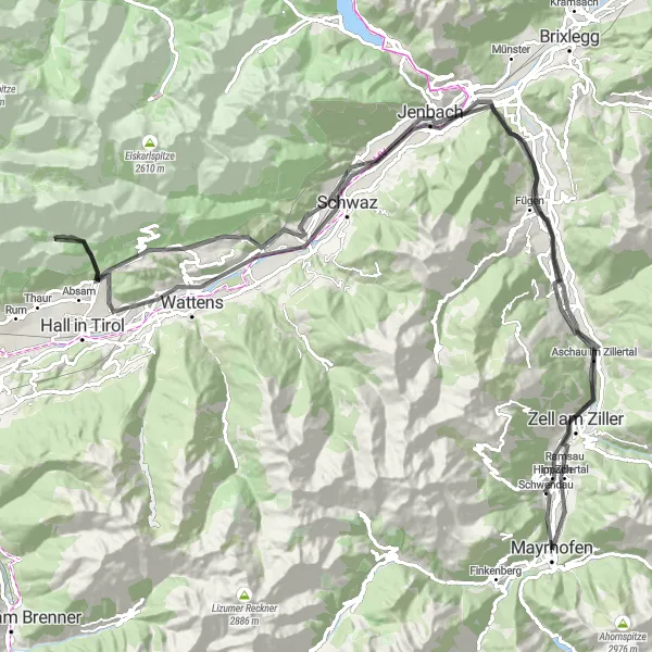 Karttaminiaatyyri "Schwaz-Zell am Ziller Loop" pyöräilyinspiraatiosta alueella Tirol, Austria. Luotu Tarmacs.app pyöräilyreittisuunnittelijalla