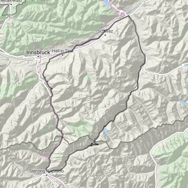 Miniature de la carte de l'inspiration cycliste "L'Aventure des Alpes autrichiennes" dans la Tirol, Austria. Générée par le planificateur d'itinéraire cycliste Tarmacs.app