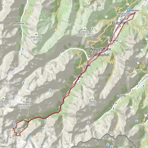 Map miniature of "Scenic Gravel Adventure from Mieders" cycling inspiration in Tirol, Austria. Generated by Tarmacs.app cycling route planner