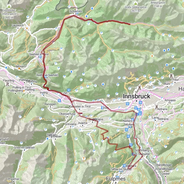 Miniaturní mapa "Alpská dobrodružství v Tyrolsku" inspirace pro cyklisty v oblasti Tirol, Austria. Vytvořeno pomocí plánovače tras Tarmacs.app
