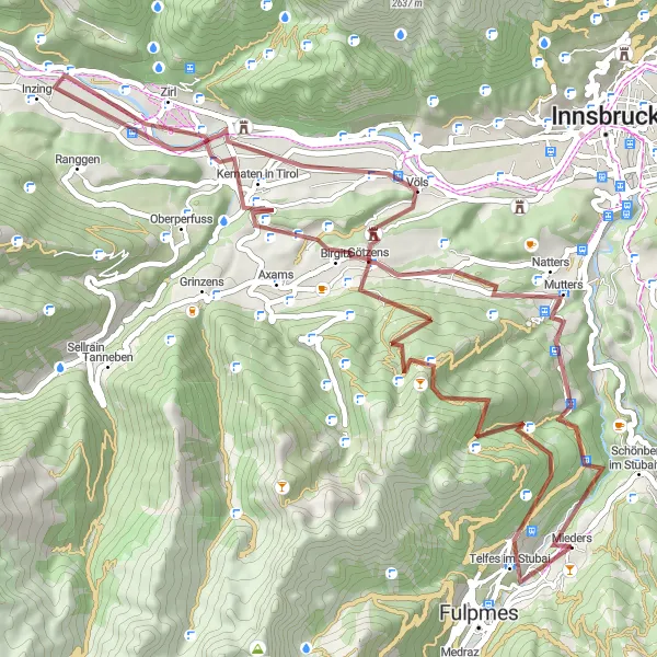 Miniaturní mapa "Trasa Pfriemeswand a Kriegerdenkmal" inspirace pro cyklisty v oblasti Tirol, Austria. Vytvořeno pomocí plánovače tras Tarmacs.app