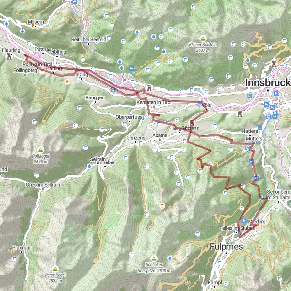 Miniaturekort af cykelinspirationen "Eventyrlig grusrute i Tyrol" i Tirol, Austria. Genereret af Tarmacs.app cykelruteplanlægger