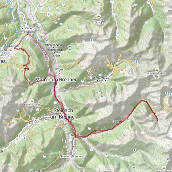 Map miniature of "Mieders to Waldraster Jöchl Loop" cycling inspiration in Tirol, Austria. Generated by Tarmacs.app cycling route planner