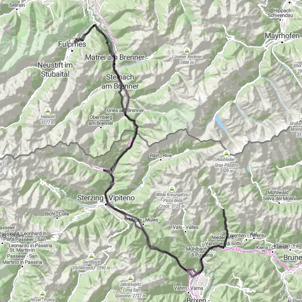 Kartminiatyr av "Äventyrsrik Roadtrip runt Mieders och Brennerpasset" cykelinspiration i Tirol, Austria. Genererad av Tarmacs.app cykelruttplanerare