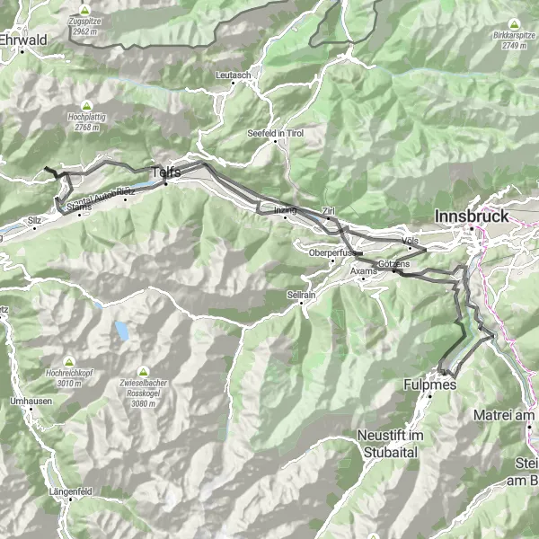 Miniatua del mapa de inspiración ciclista "Ruta escénica por Telfes im Stubai y Schönberg im Stubaital" en Tirol, Austria. Generado por Tarmacs.app planificador de rutas ciclistas