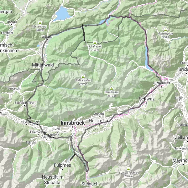 Miniatura della mappa di ispirazione al ciclismo "Ciclovia dei Laghi Tirolesi" nella regione di Tirol, Austria. Generata da Tarmacs.app, pianificatore di rotte ciclistiche