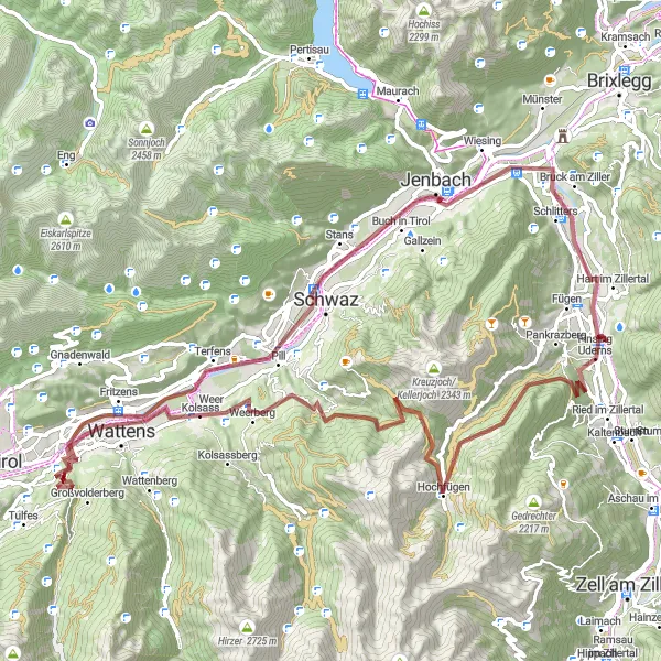 Miniatuurkaart van de fietsinspiratie "Schwaz naar Wattens Gravelroute" in Tirol, Austria. Gemaakt door de Tarmacs.app fietsrouteplanner