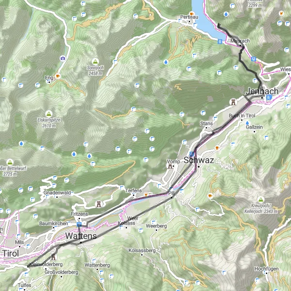 Miniature de la carte de l'inspiration cycliste "Les collines verdoyantes et les villages pittoresques de Tirol" dans la Tirol, Austria. Générée par le planificateur d'itinéraire cycliste Tarmacs.app