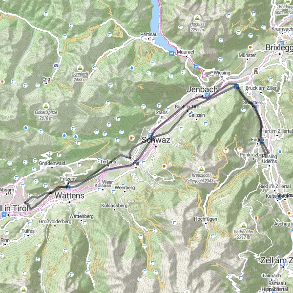 Miniatua del mapa de inspiración ciclista "Ruta Escénica por Schwaz y Vomp" en Tirol, Austria. Generado por Tarmacs.app planificador de rutas ciclistas