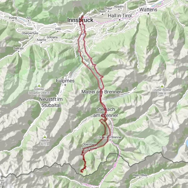 Miniaturní mapa "Gravel štěrková trasa kolem Mühlau" inspirace pro cyklisty v oblasti Tirol, Austria. Vytvořeno pomocí plánovače tras Tarmacs.app