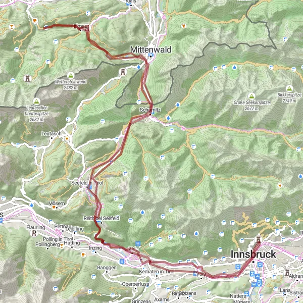 Miniatura della mappa di ispirazione al ciclismo "Giro panoramico tra Innsbruck e Zirler Berg" nella regione di Tirol, Austria. Generata da Tarmacs.app, pianificatore di rotte ciclistiche