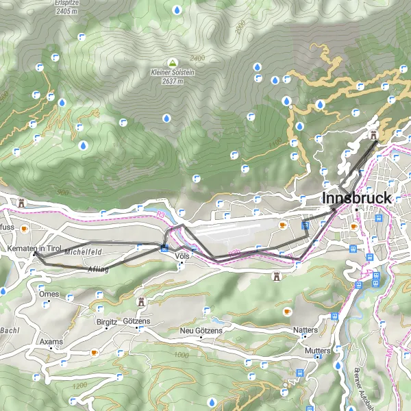 Karttaminiaatyyri "Helppo retkipyöräreitti Tirolin alueella" pyöräilyinspiraatiosta alueella Tirol, Austria. Luotu Tarmacs.app pyöräilyreittisuunnittelijalla