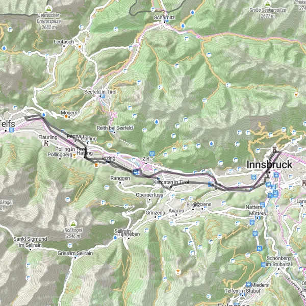 Mapa miniatúra "Cyklistická trasa Mühlau - okolie" cyklistická inšpirácia v Tirol, Austria. Vygenerované cyklistickým plánovačom trás Tarmacs.app