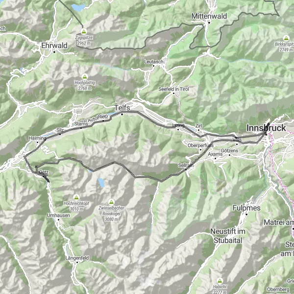 Miniaturní mapa "Silniční trasa kolem Mühlau" inspirace pro cyklisty v oblasti Tirol, Austria. Vytvořeno pomocí plánovače tras Tarmacs.app