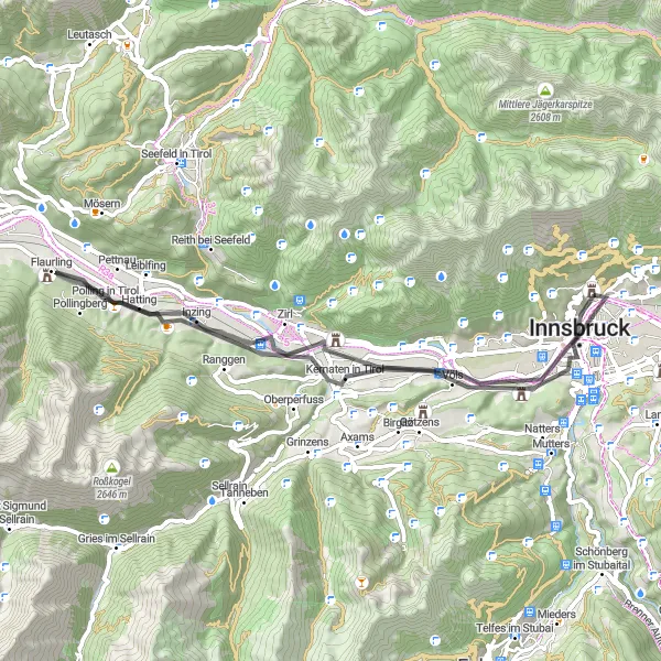 Mapa miniatúra "Krátka cestná trasa okolo Tirolskej prírody" cyklistická inšpirácia v Tirol, Austria. Vygenerované cyklistickým plánovačom trás Tarmacs.app