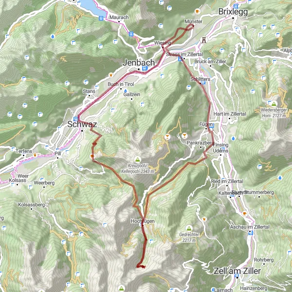 Miniatura della mappa di ispirazione al ciclismo "Giro Gravel Münster - Brettfallkopf" nella regione di Tirol, Austria. Generata da Tarmacs.app, pianificatore di rotte ciclistiche